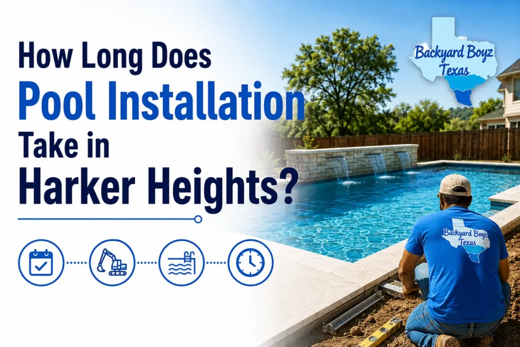 Backyard Boyz Texas featured image showing a backyard swimming pool under construction with the headline, "How Long Does Pool Installation Take in Harker Heights?"