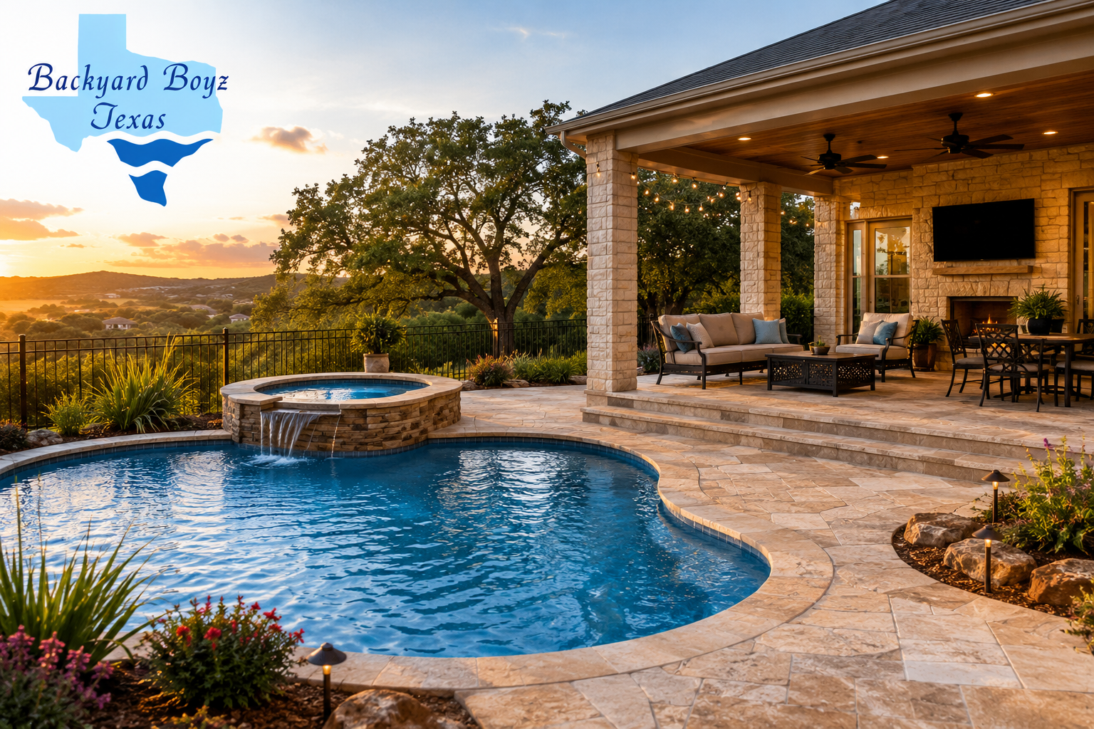 Renovated Central Texas backyard with a fiberglass pool, covered patio and limestone hardscape