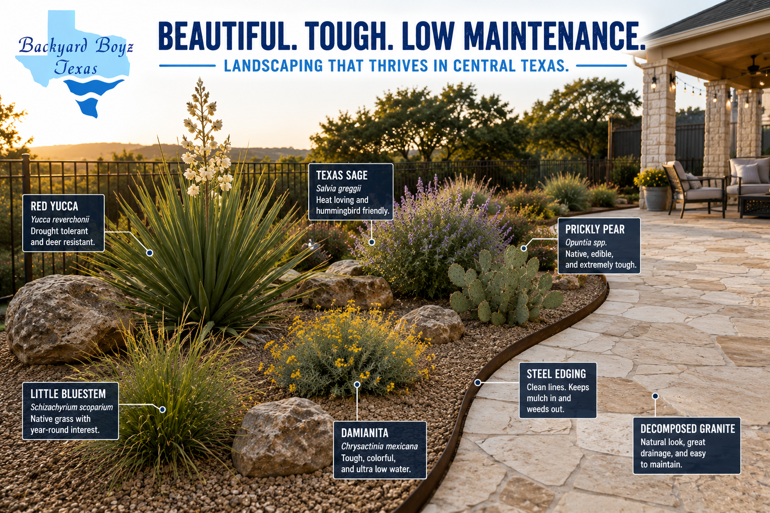 Native Texas plants with decomposed granite and steel edging beside a limestone patio